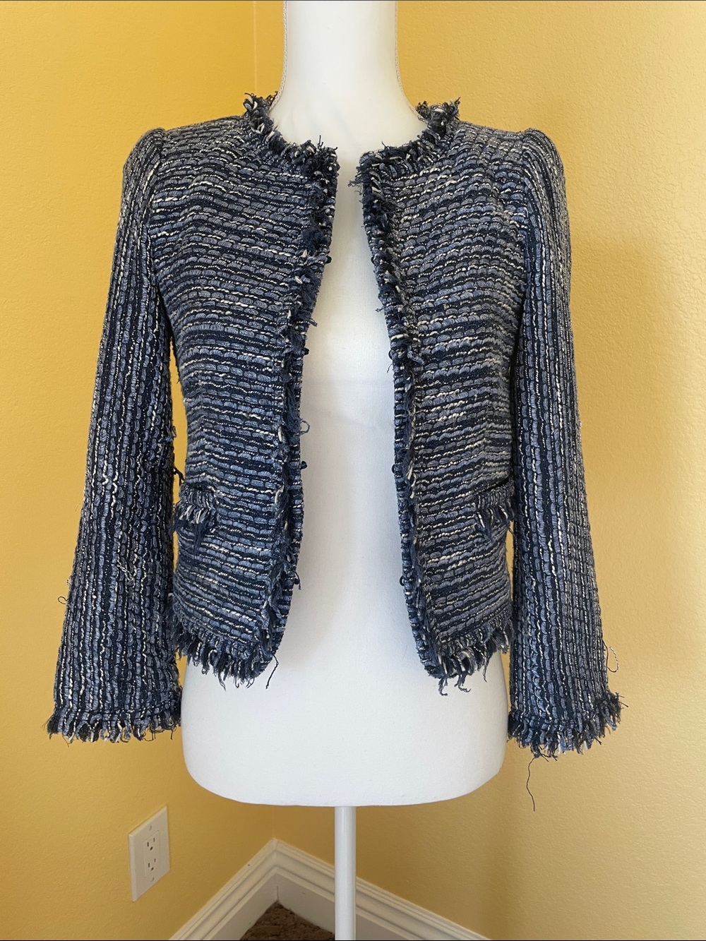 Alice + Olivia Blue and White Tweed Fringed Blazer-XSP